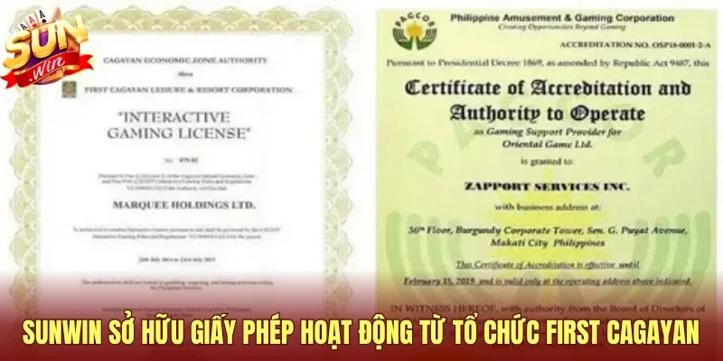 Sunwin sở hữu giấy phép hoạt động từ tổ chức First Cagayan